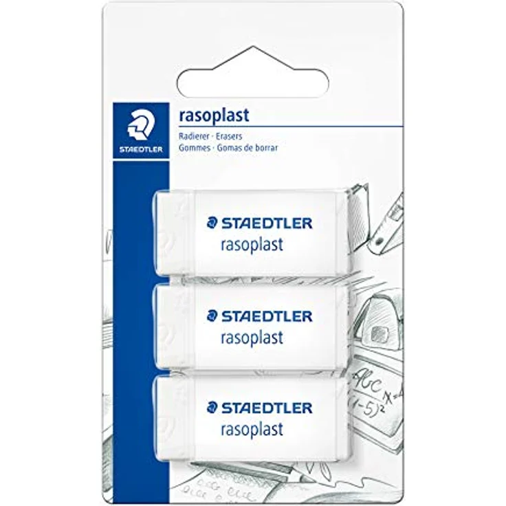 STAEDTLER 526 B3BK3D Radierer rasoplast phtalat- und latexfrei,, 19 x 13 x 43 mm, 3 Stück auf Blisterkarte, weiß – Bild 1