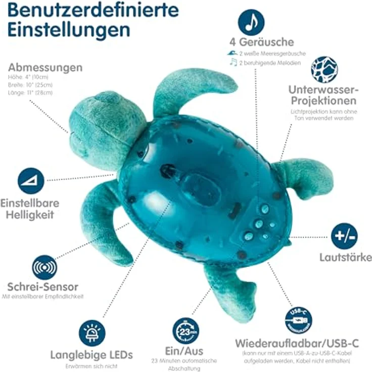 Cloud B Tranquil Turtle Nachtlicht mit Musik, wiederaufladbar, Aqua | Unterwasserprojektionen | 4 beruhigende Geräusche | Helligkeit einstellbar | Timer | Tränenmelder | recyceltes Gewebe – Bild 3
