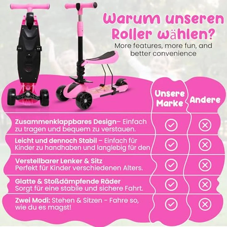 Habib Gruppe 3-in-1 Kinderroller mit Sitz, Dreirad Tretroller, Faltbar, Höhenverstellbar, LED Räder, Pink, für Kinder ab 3 Jahren (bis 50kg) – Bild 4
