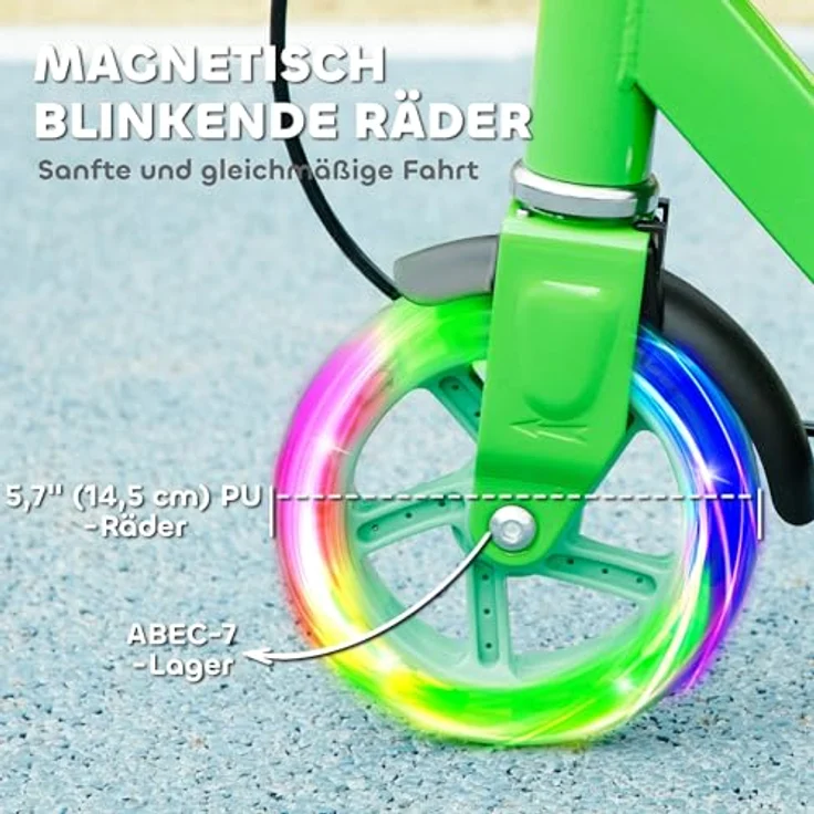 AIYAPLAY Roller Kinder Klappbar Kinderroller mit Verstellbarer Lenkerhöhe, 2 Leuchtenden Räder, Handbremse & Hinterradbremse Tretroller Scooter für 3-8 Jahre Kinder Grün – Bild 4
