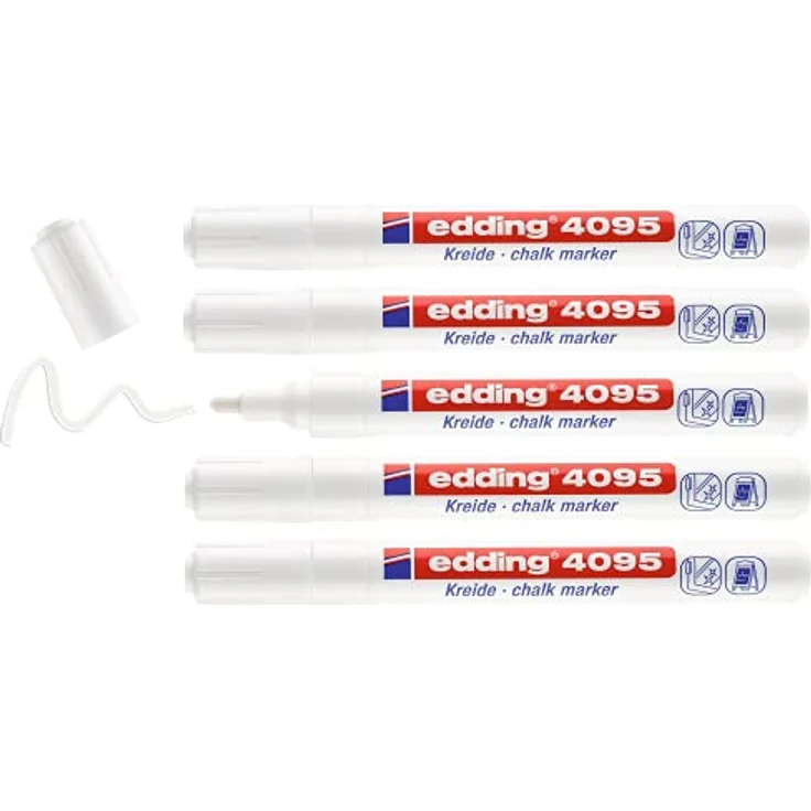 edding 4095 Kreidemarker Set - weiß - 5 Kreidestifte - Rundspitze 2-3 mm - Kreidestift für Tafel abwischbar - zum Beschriften von Fenster, Glas, Spiegel - Tafelstift mit deckenden Farben – Bild 1