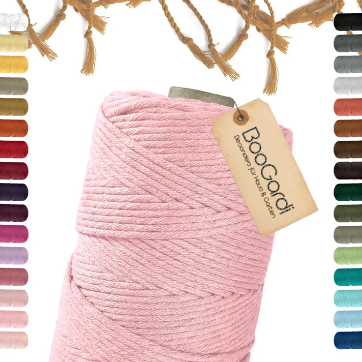 BooGardi Makramee Garn 100% Baumwolle - Rosa, 3mm x 200m, Bastelgarn mit 2 Stärken Macramee Kordel Band