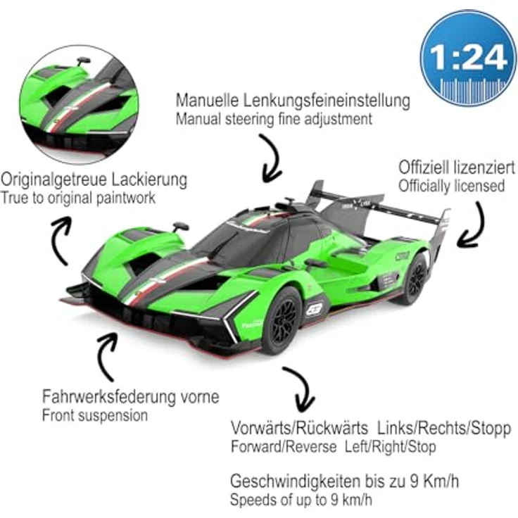 Jamara Germany Lamborghini SC63 LMDH 1:24 grün 2,4GHz, Offiziell lizensiertes Deluxe Car Modell, Roboterlackierung, bis zu 9 Km/h Geschwindigkeit – Bild 4