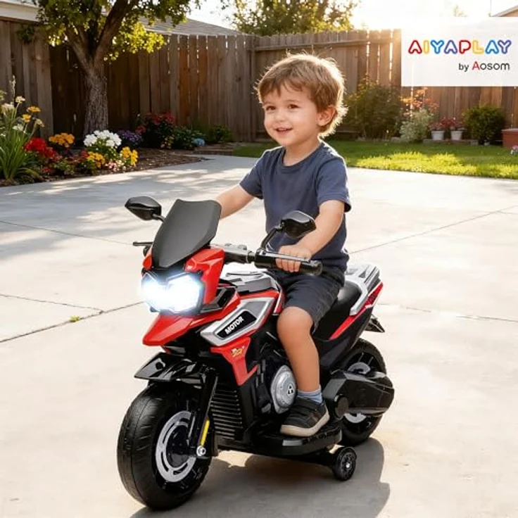 AIYAPLAY Elektro Motorrad Kinder 6V, Elektromotorrad mit 2 Hilfsrädern, Beleuchtung, Musik und Soft-Start, bis zu 2,4 km/h, Rot, für Kinder von 1,5-3 Jahren – Bild 2