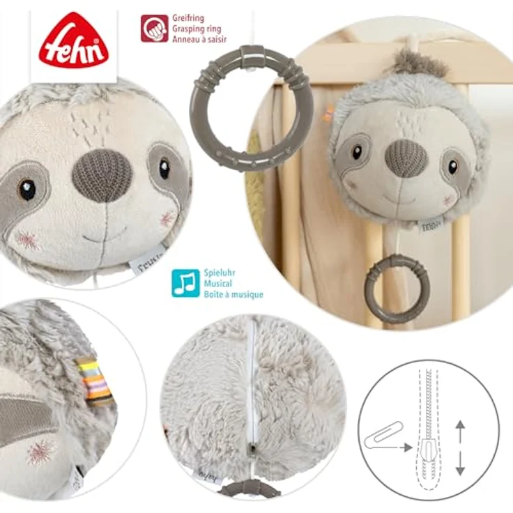 Fehn Spieluhr Faultier, Kuscheltier & Einschlafhilfe mit Melodie "Brahms Wiegenlied", 13 cm, maschinenwaschbar, für Babys ab 0 Monaten – Bild 4