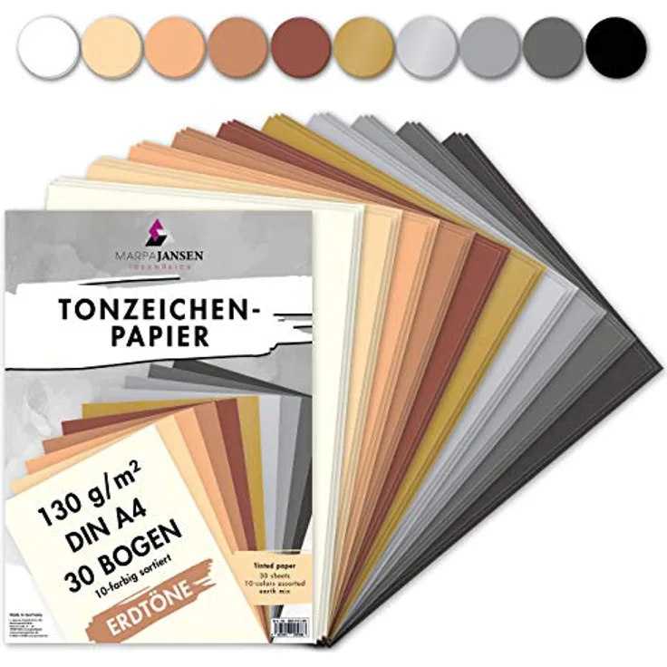 MARPAJANSEN Tonzeichenpapier 10 Erdtonfarben, DIN A4, 130 g/m², 30 Bogen, Blauer Engel zertifiziert