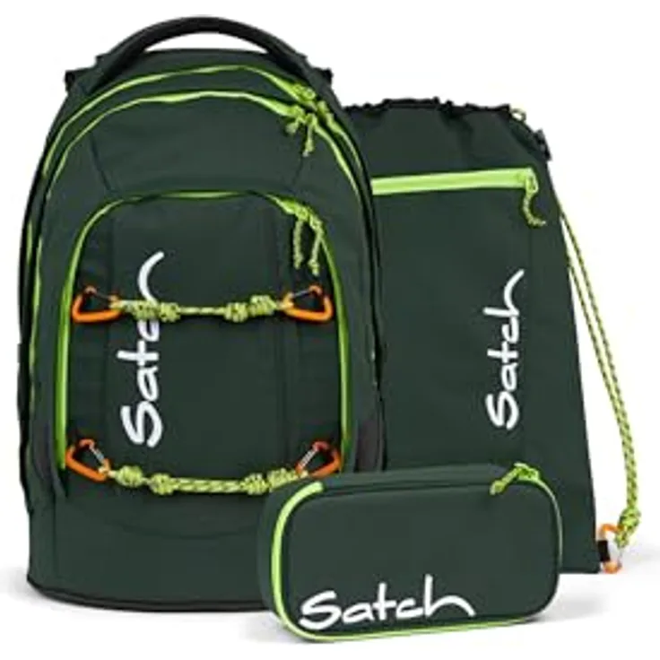 Satch Pack Set, Schulrucksack Green Explorer, 30l, grün, mit austauschbaren SWAPS und Kordelzippern