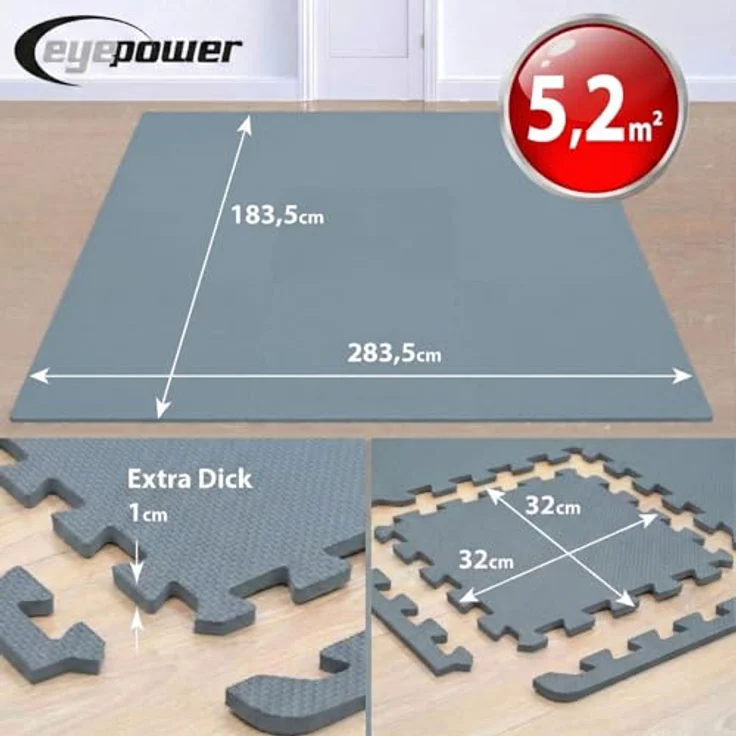 eyepower Puzzlematte XL, 4,8 m² Trainingsmatte mit Rand, 54-tlg. Set, 30 x 30 x 1 cm, schalldämmende EVA Bodenschutzmatte für Home Gym, schwarz – Bild 8