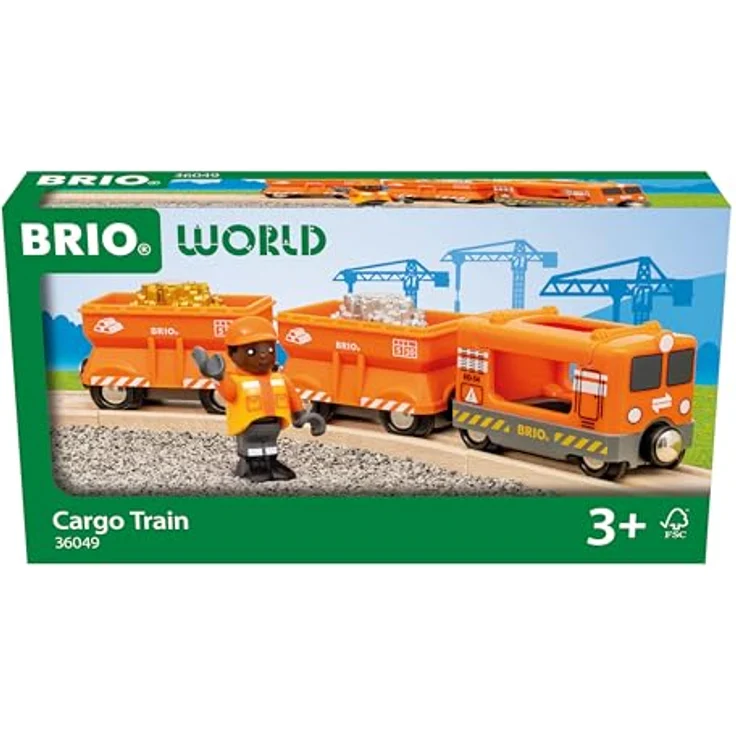 BRIO® Spielzeug-Eisenbahn BRIO® WORLD Güterzug Set, 6-tlg. mit leuchtend orangefarbener Lokomotive, FSC®-zertifiziert, inklusive Figur und Gold-/Silber-Ladungen – Bild 1