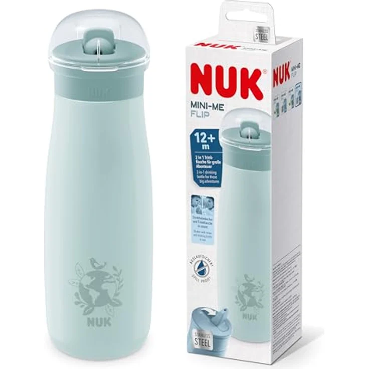 NUK Mini-Me Flip mit Strohhalm für Kleinkinder | 500 ml Edelstahl-Wasserflasche | auslaufsicher & bruchsicher | blauer Globus – Bild 1
