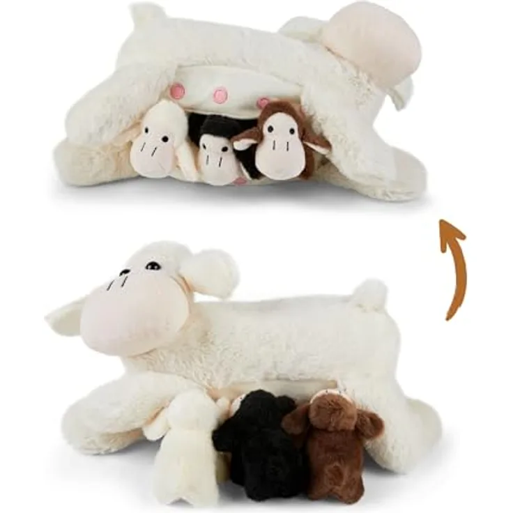 Mamanimals Schaf Kuscheltier, 30 cm mit 3 Baby Schafen im Bauch, Reißverschluss und magnetische Zitzen, hochwertiges Plüschtier für Kinder
