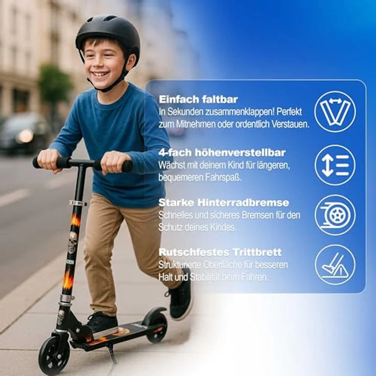 Habib Gruppe Kinderroller – Mitwachsender Tretroller & Scooter mit 4-fach höhenverstellbarem Lenker, klappbar und LED-Rädern für Kinder 3-10 Jahre, schwarz – Bild 4