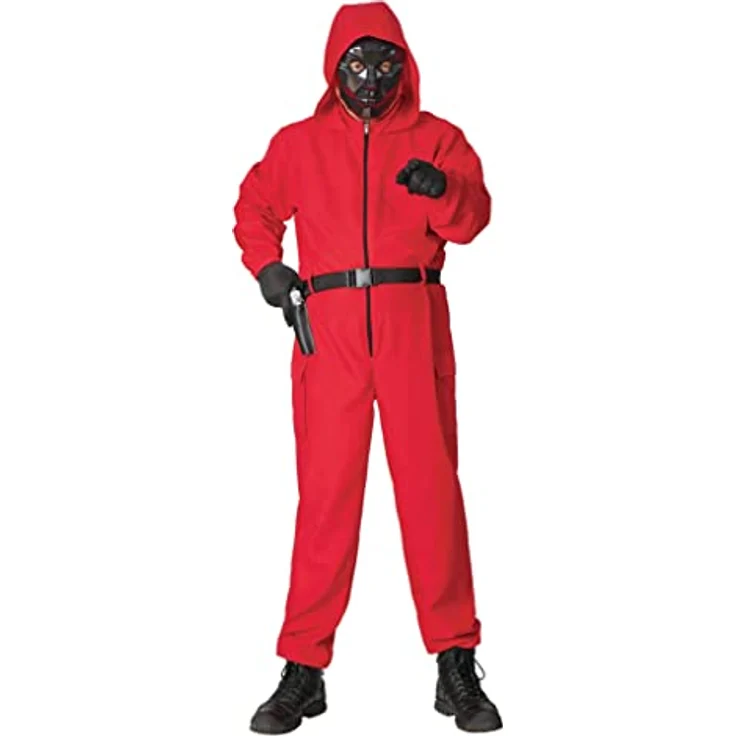 Maskworld Squid Game Aufseher (XL), rotes Kostüm mit Reißverschluss, Funktionalen Taschen und Gürtel – Bild 4