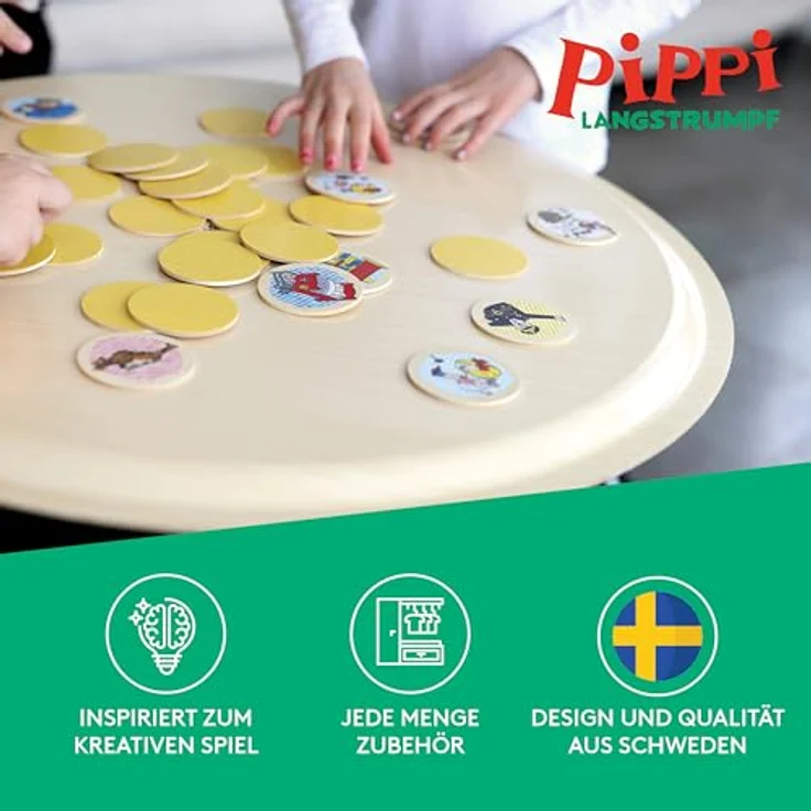Pippi Langstrumpf Memo-Spiel, Holzspiel mit 38 runden Spielsteinen und Pippi-Motiven, ab 3 Jahren – Bild 2