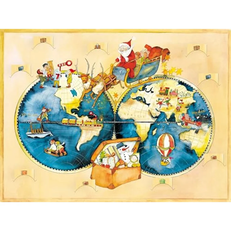 Korsch Adventskalender "Reise um die Welt", Zettel-Adventskalender mit 24 Briefchen und goldglimmernder Vorderseite, illustriert von Petra Lefin – Bild 1