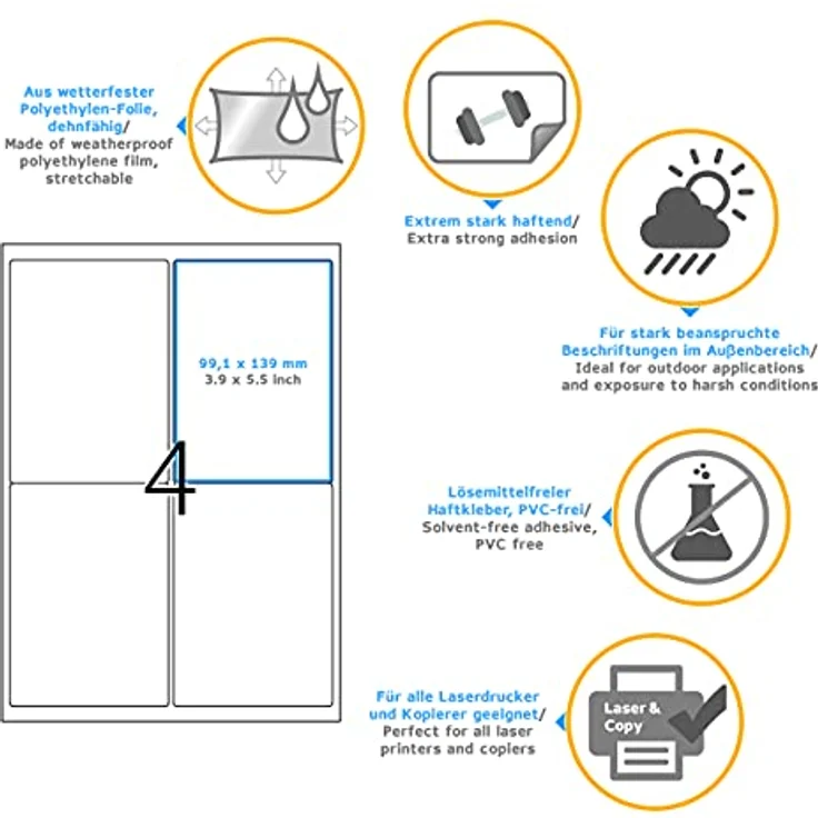 HERMA 9534 Wetterfeste Folienetiketten, 320 Blatt, 99,1 x 139 mm, selbstklebend, matt, blanko, weiße Outdoor Klebeetiketten, temperaturbeständig von -40 bis +150 °C – Bild 5