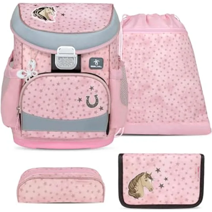 Belmil Mini-Fit Schulranzen Set 4-teilig (405-33/AG/S) (Star Horses) - Leichtes ergonomisches Schulranzen-Set für Erstklässler, wasserdicht, reflektierende Elemente, AGR empfohlen