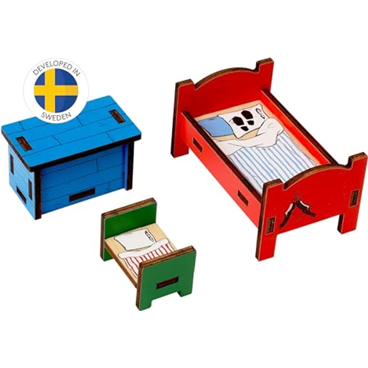Pippi Langstrumpf Schlafzimmermöbel Set, Puppenhauszubehör mit Bett und Schatzkiste für Pippi und Herr Nilsson, 3 Teile – Bild 1