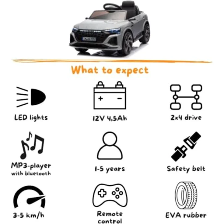 Audi SQ8 e-Tron, Kinder Elektroauto 12V mit Fernbedienung, für 1 bis 5 Jahre, Grau, Sicherheitsgurte, LED-Scheinwerfer, MP3-Player, EVA-Gummireifen – Bild 9
