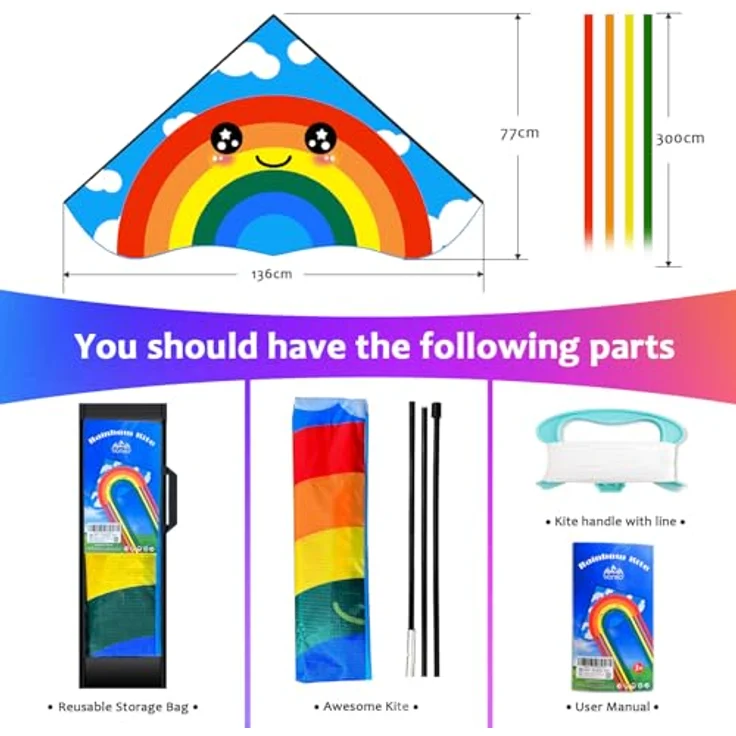 HONBO Rainbow Delta Kite, Winddrachen für Erwachsene und Anfänger, leichter Flieger mit robustem Design, inklusive Leinen und Wirbel, ideal für Outdoor-Spiele und Strand, lebendige Farben – Bild 5