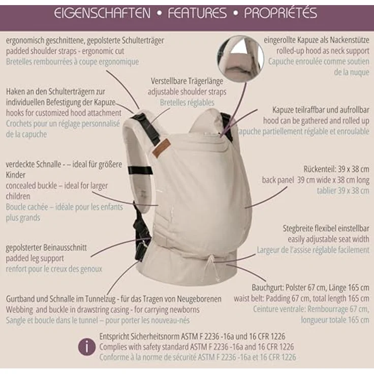 Hoppediz Babytrage Buckle, Fullbuckle für Neugeborene (3,5 - 20 kg) mit 2 Schnallen Optionen, ergonomisch verstellbar, in neutralem Design – Bild 7