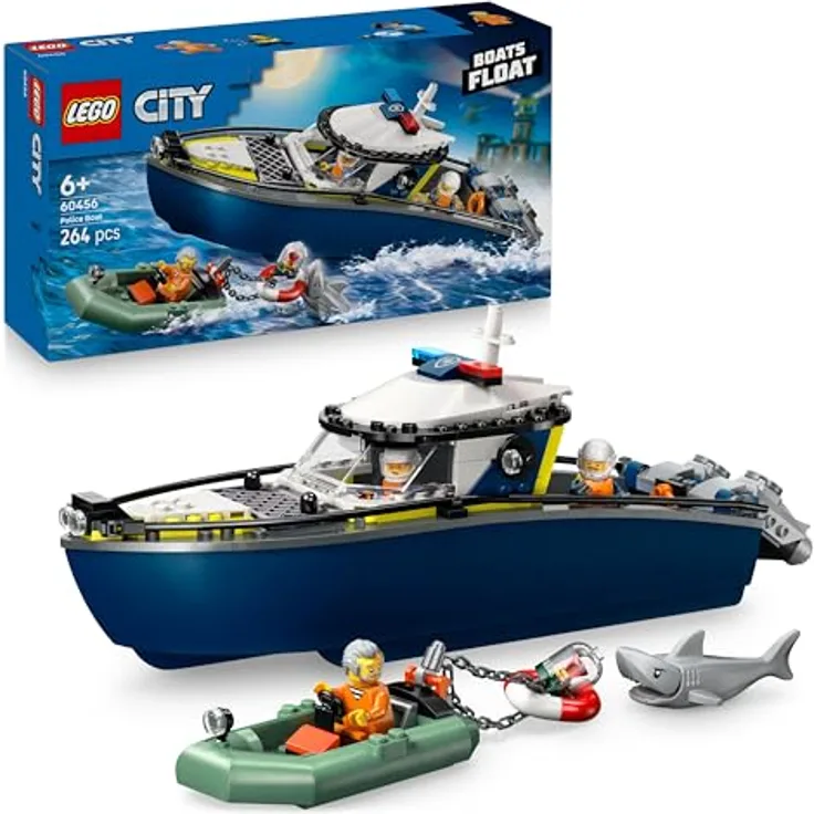 LEGO City 60456 Verfolgungsjagd im Polizeiboot, Spielset mit 264 Teilen, inklusive 3 Mini-Figuren und schwimmenden Booten, mehrfarbig