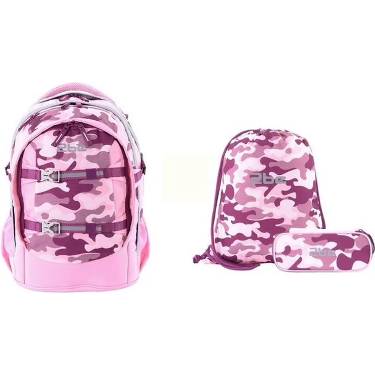 2be Schulrucksack Camoflage, 3er Set mit Turnbeutel und Federmäppchen, leicht mit reflektierenden Elementen und spezieller Rückwand