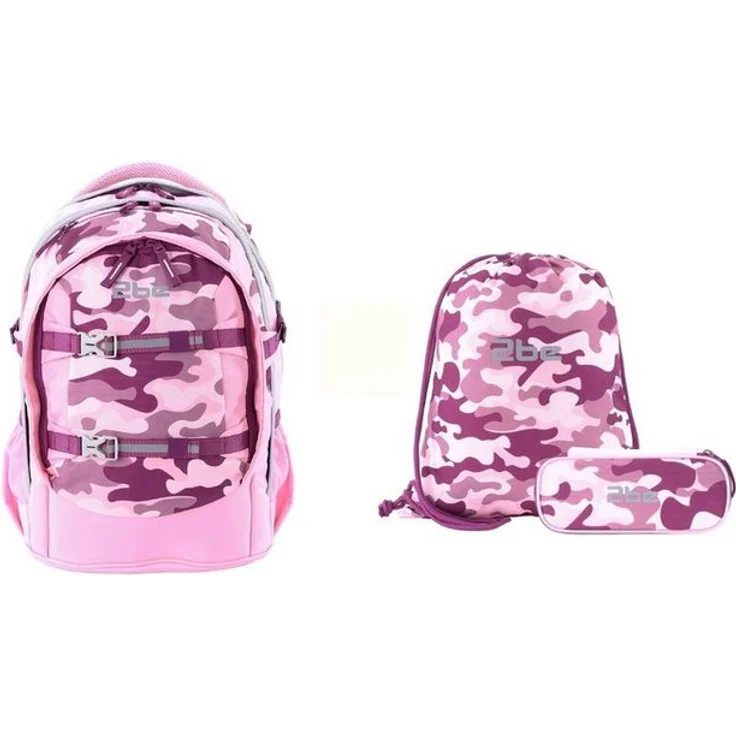 2be Schulrucksack Camoflage, 3er Set mit Turnbeutel und Federmäppchen, leicht mit reflektierenden Elementen und spezieller Rückwand