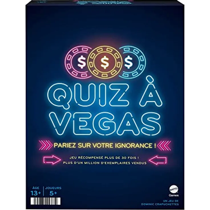 Mattel Games Quiz à Vegas, Kulturspiel mit Fragekarten, Poker- und Pari-Chips, für min. 5 Spieler, französische Version, ab 13 Jahren, HNY92