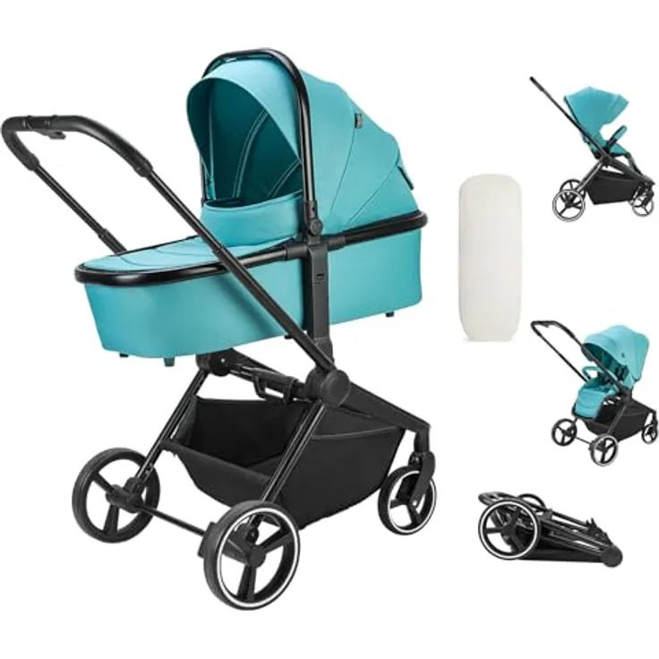 Booboo Kinderwagen Jazzi 2 in 1 Kombi-Kinderwagen inkl. Babywanne mit Matratze, Sportwagen, Sportsitz mit Liegefunktion, Zusammenklappbar - Ocean