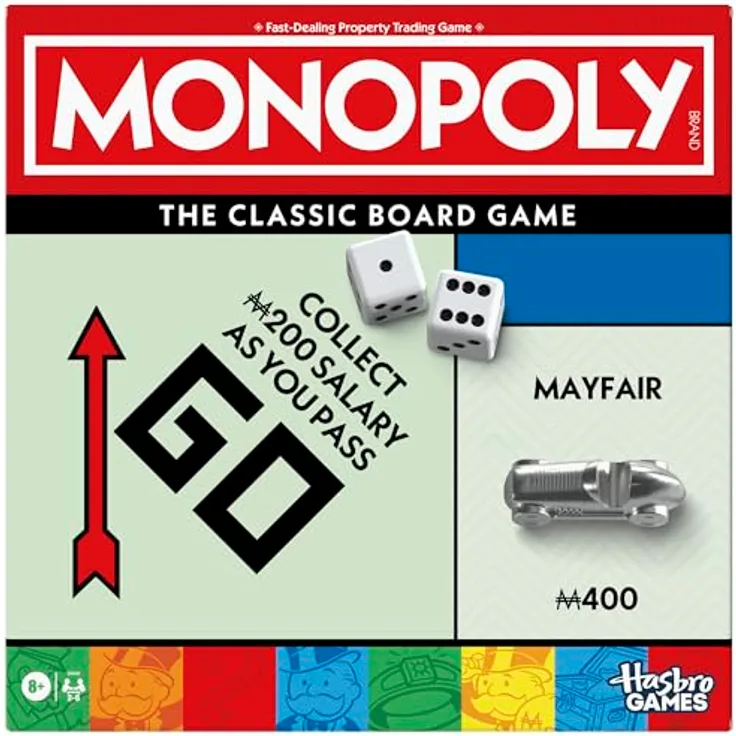 Monopoly Brettspiel mit Banker-Ablageschale und größeren Metallspielsteinen, englische Version
