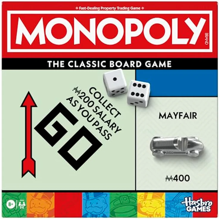 Monopoly Brettspiel mit Banker-Ablageschale und größeren Metallspielsteinen, englische Version – Bild 1