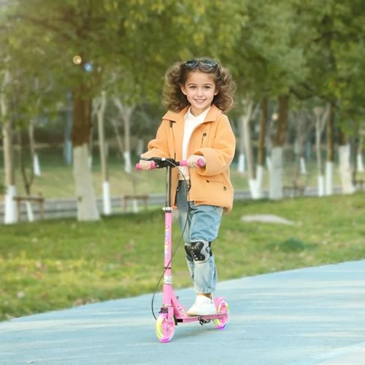 AIYAPLAY Roller Kinder Klappbar Kinderroller mit Verstellbarer Lenkerhöhe, 2 Leuchtenden Räder, Handbremse & Hinterradbremse Tretroller Scooter für 3-8 Jahre Kinder Rosa – Bild 2