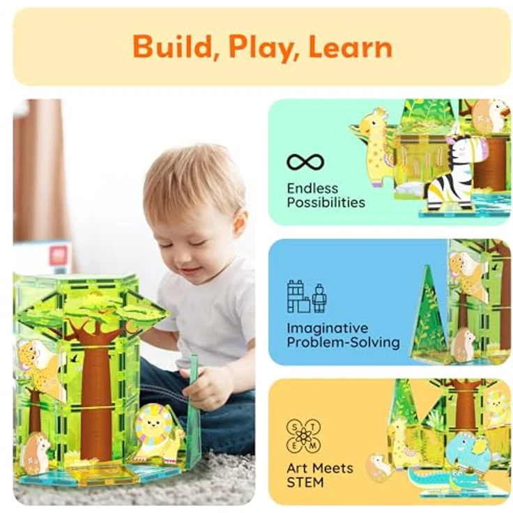 PicassoTiles PTQ12, Magnet Tile Building Block Safari Set mit 8 Tierfiguren, kreative Konstruktionsspielwaren für Kinder ab 3 Jahren – Bild 4