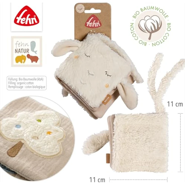 Fehn Greifspielzeug fehnNATUR, Stoffbuch Schaf aus Bio-Baumwolle mit Quietsche, Raschelpapier und Spiegel für Babys ab 0 Monaten – Bild 5