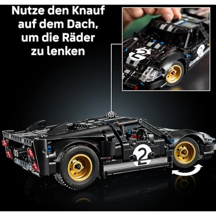 LEGO Technic 1966 Ford GT40 MKII, Bauset für Erwachsene mit lenkbaren Rädern und V8-Motor, schwarz-silberne Rennlackierung, 42223 – Bild 5