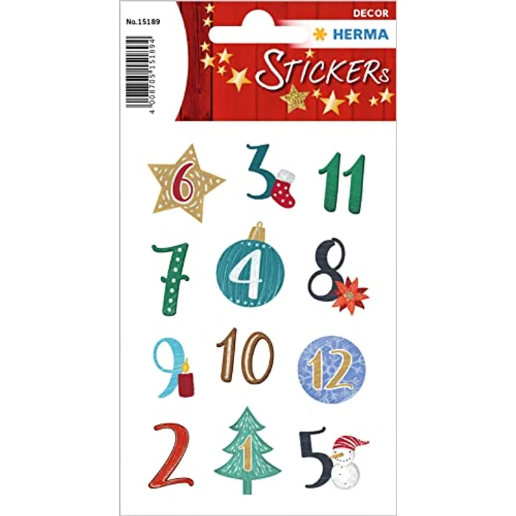 HERMA 15189 Aufkleber Zahlen 1-24 Glitzer, 24 Stück, Weihnachten Sticker mit Weihnachtskugel Sterne Motiv, Nummer Ziffer Klebezahlen Etiketten für Weihnachtsdeko Adventskalender Dekoration DIY Basteln, bunt – Bild 1
