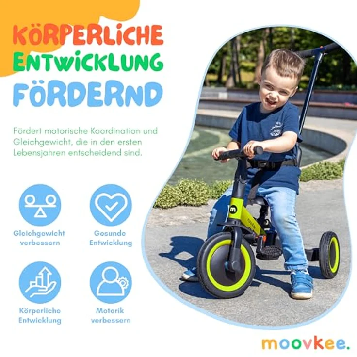 moovkee Dreirad ab 1 Jahr mit Schubstange 6in1 - Laufrad ab 1 Jahr - Baby Fahrrad - Stahlrahmen - Schwarz – Bild 2