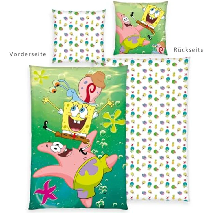 Herding Bettwäsche SpongeBob Schwammkopf, Kopfkissenbezug 80 x 80 cm mit Wende-Motiv, Bettbezug 135 x 200 cm, Mit Reißverschluss, 100% Baumwolle/Renforcé – Bild 2