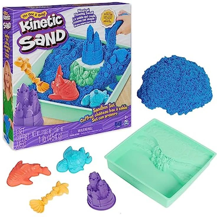 Kinetic Sand Sandbox Set Blau - mit 454 g original magischem kinetischem Sand aus Schweden, 1 Sandbox, 3 Förmchen, 1 Schaufel für kreatives Indoor-Sandspiel, für Kinder ab 3 Jahren – Bild 1
