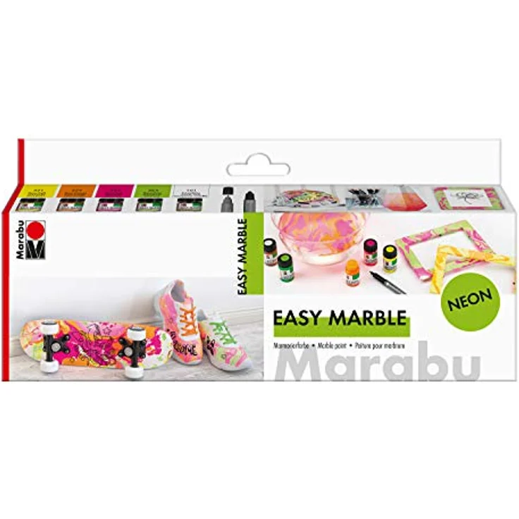 Marabu 1305000000080 - Easy Marble Neon Set, 5 Farben + Permanent Marker, Marmorierfarbe zum kinderleichten Tauchmarmorieren von Kunststoff, Glas, Holz, Styropor und flächigen Marmorieren von Papier – Bild 1