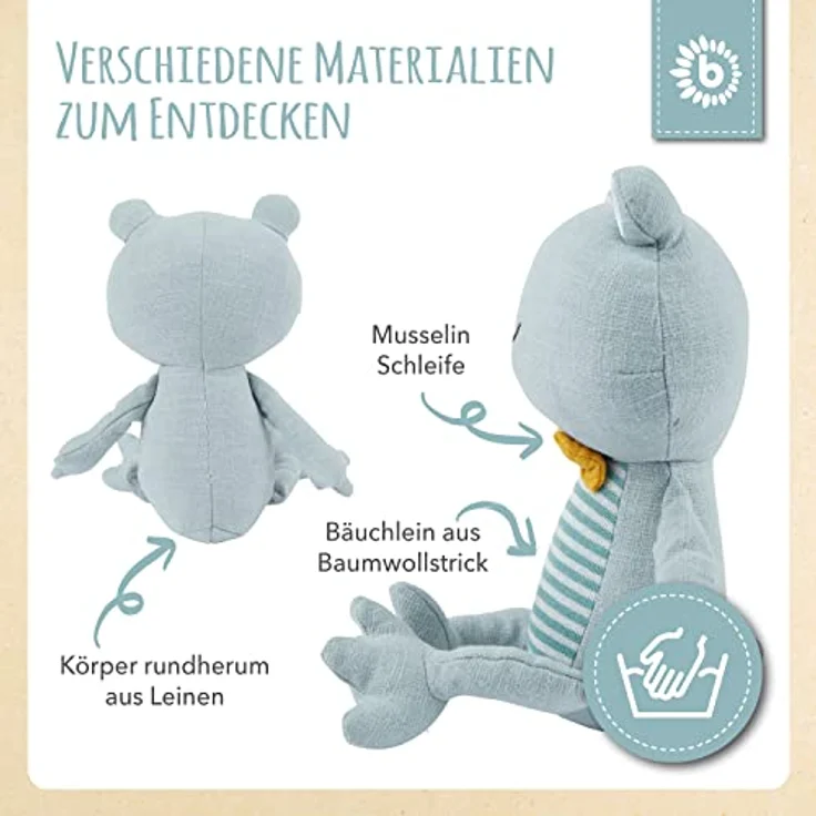 Bieco Frosch Kuscheltier | 20 cm | Leinen Kuscheltier Baby | Baby Kuscheltier Mädchen & Junge | Stuffed Animal | Frosch Stofftier Baby | Süße Baby Kuscheltiere | Frosch Plüschtier aus Leinenstoff – Bild 3