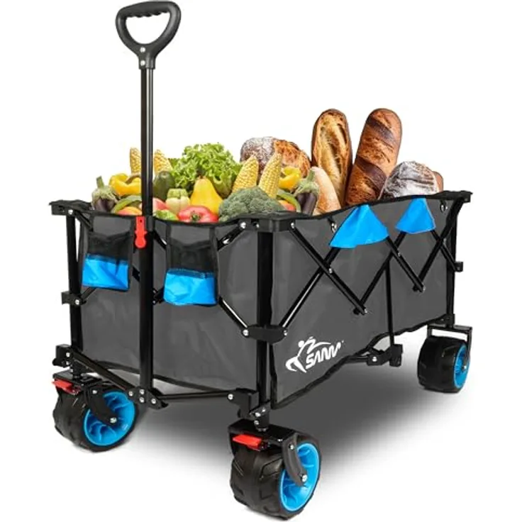 SAMAX Bollerwagen Handwagen Kühltasche Gartenwagen Strandwagen Klappbar Faltbarer Bollerwagen Transportwagen Offroad Travel - Schwarz - Grau/Blau - Grey Edition