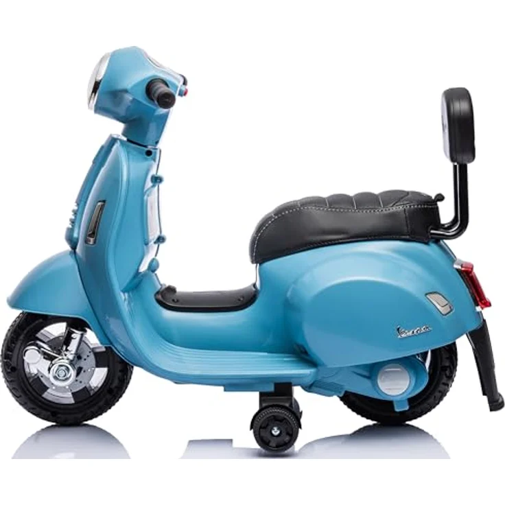 Sun Baby Vespa Elektro Motorrad für Kinder ab 18 Monaten, Blau mit Rückenlehne, Hupe, Gaspedal, Beleuchtung, Seitenrädern – Bild 3