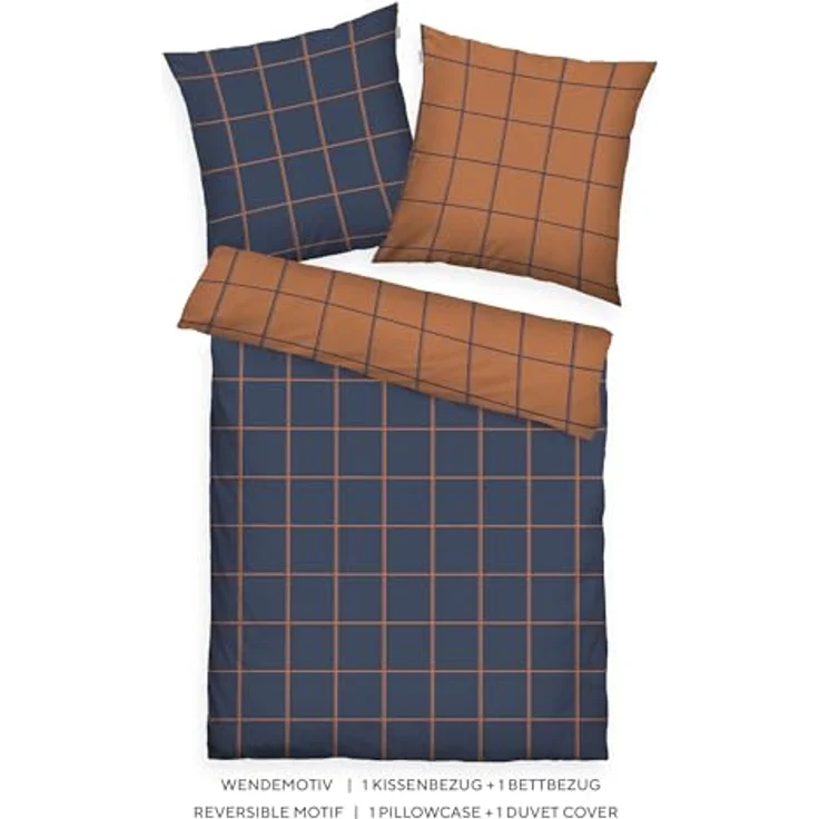 TOM TAILOR Flanell-Bettwäsche LARGE CHECK Blau, Braun (Dark Navy & Rusty Red), 100% Baumwolle, Wendemotiv, farbiger Markenreißverschluss – Bild 2