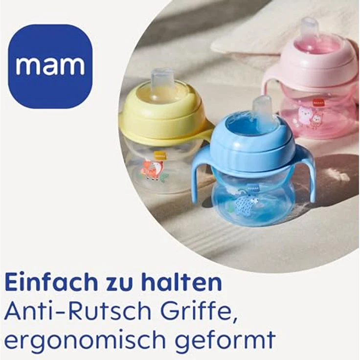MAM Starter Cup Baby Trinklernbecher (150 ml), Trinkbecher für erste Trinkversuche, Schnabelbecher mit rutschsicheren Griffen, ab 4 Monaten, Eule – Bild 6