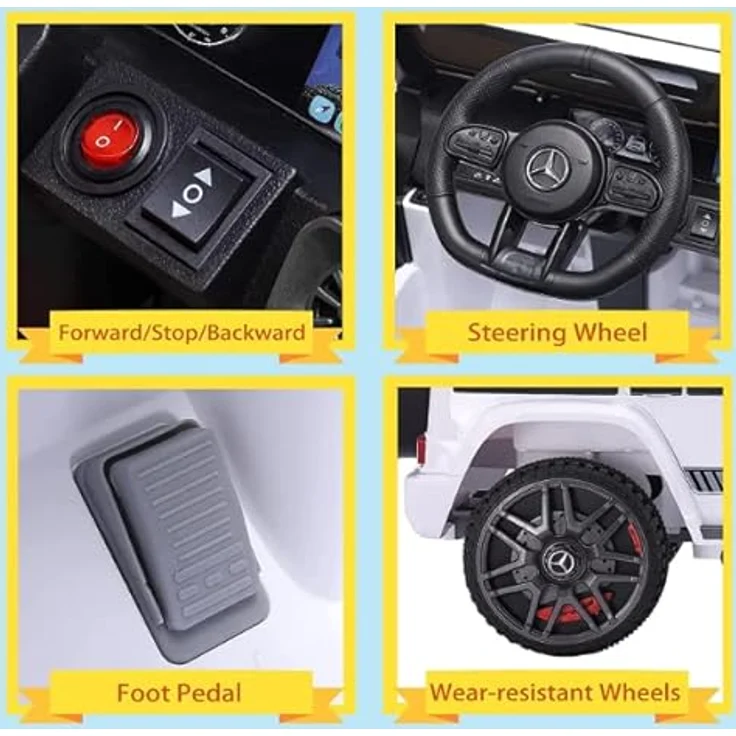 FINOOS Mercedes G63 AMG Elektroauto für Kinder, 12 V, mit Fernbedienung, Hupe, LED, Musik, USB (Weiß) – Bild 3