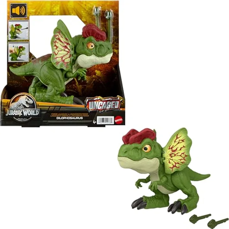JURASSIC WORLD Dilophosaurus - Dinosaurierspielzeug mit Geräuschen und Pfeilen für wilden Kampfspaß authentisches Aussehen, 20 cm lang, für Kinder ab 4 Jahren, HNT66