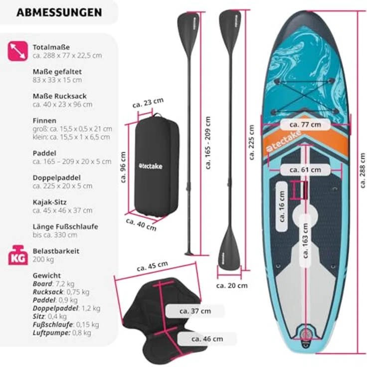 tectake SUP-Board Zenon, aufblasbares Stand-Up Paddle Board, Belastbarkeit 200 kg – Bild 6