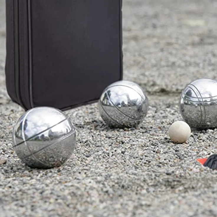 Relaxdays Boule, 8 Metall Kugeln, Set mit Zielkugel & Abstandsmesser, Tragetasche, Boccia Spiel, Silber/schwarz – Bild 3
